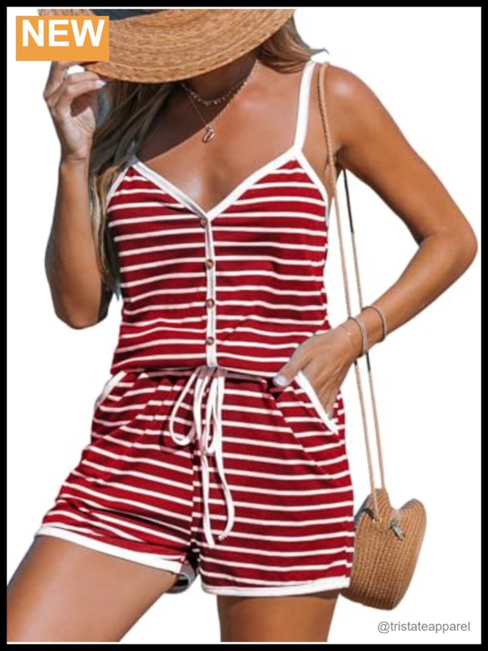 Striped V-Neck Romper Button Front Spaghetti Strap Pockets